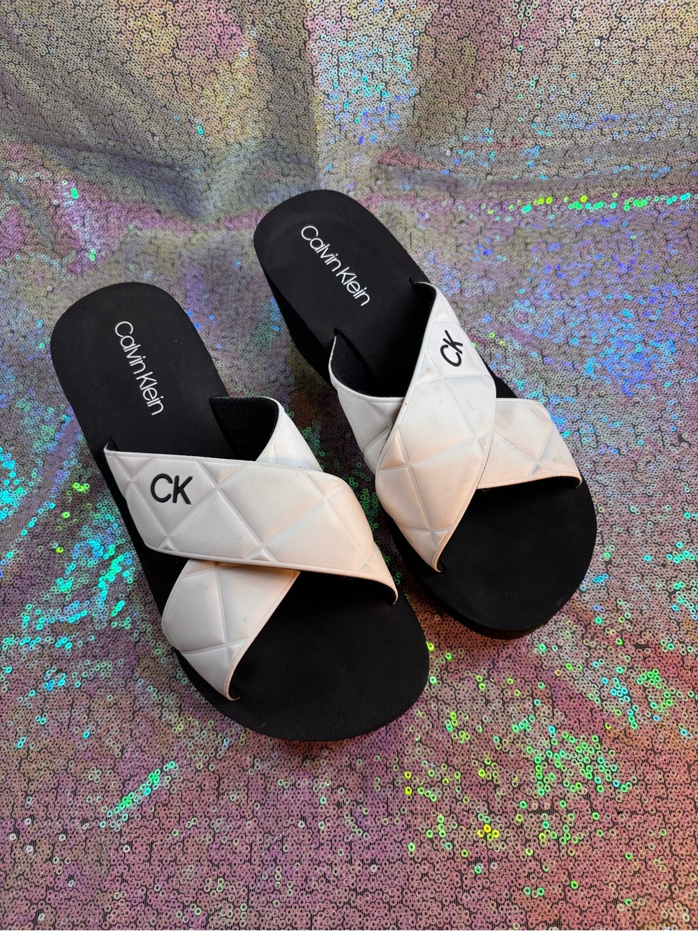 Calvin Klein Women's White Quilted Slide Sandals
